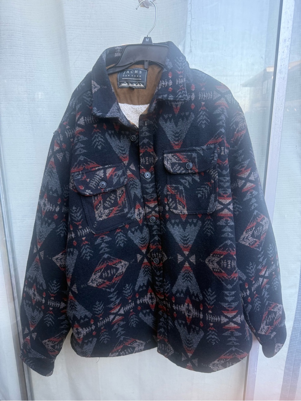 Jachs Black and Red Aztec-Pattern Sherpa wool blend Jacket